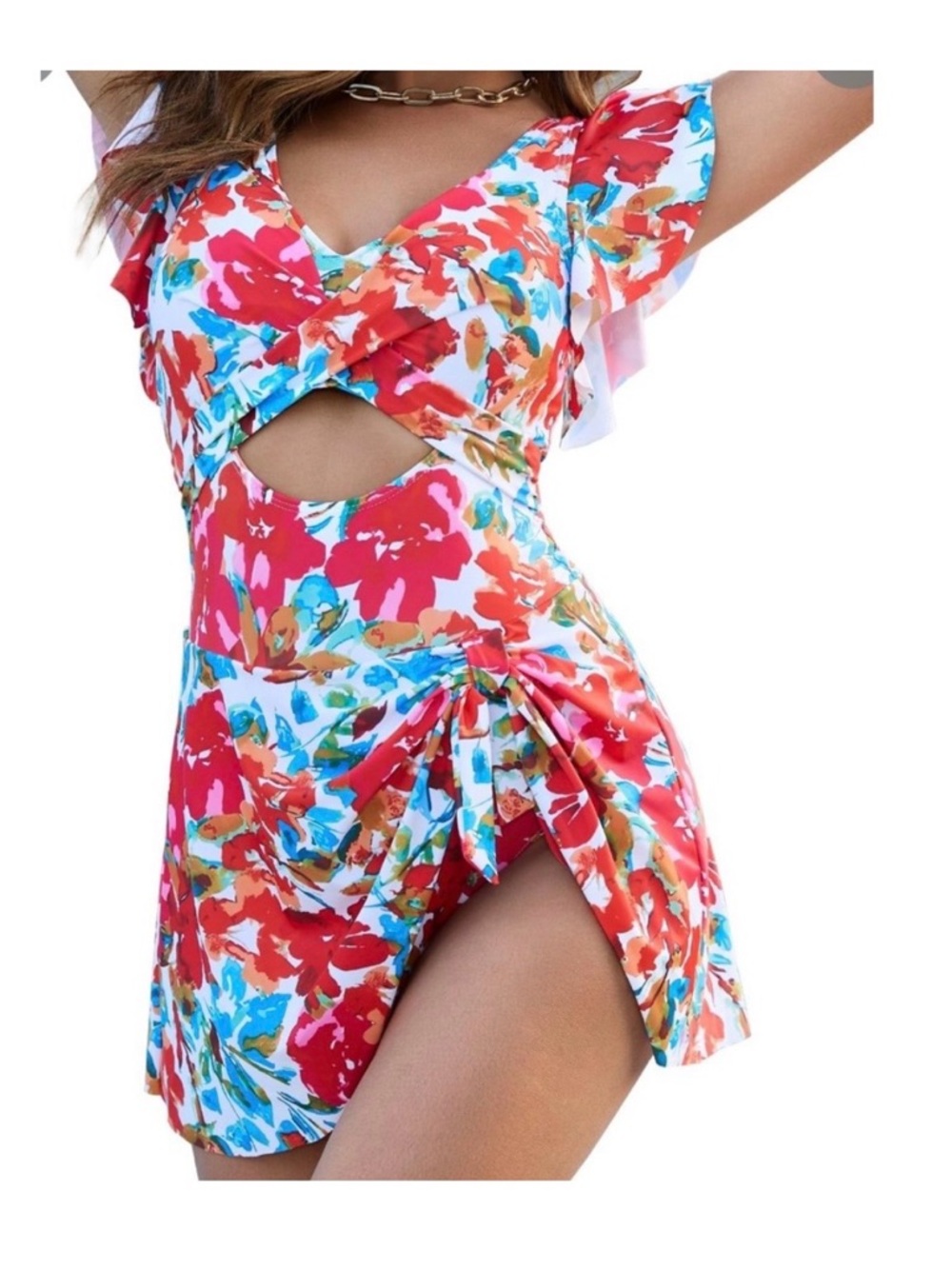 Floral Ruffle Cutout Swimsuit Dress Size S  Preppy Comfy Vibrant Red & Blue